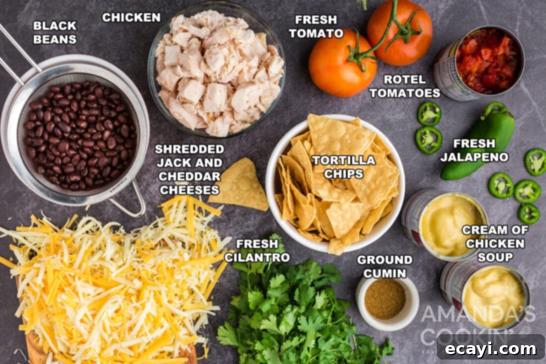 Fiesta Chicken Bake 2 Labeled ingredients displayed for homemade Mexican Chicken Casserole preparation