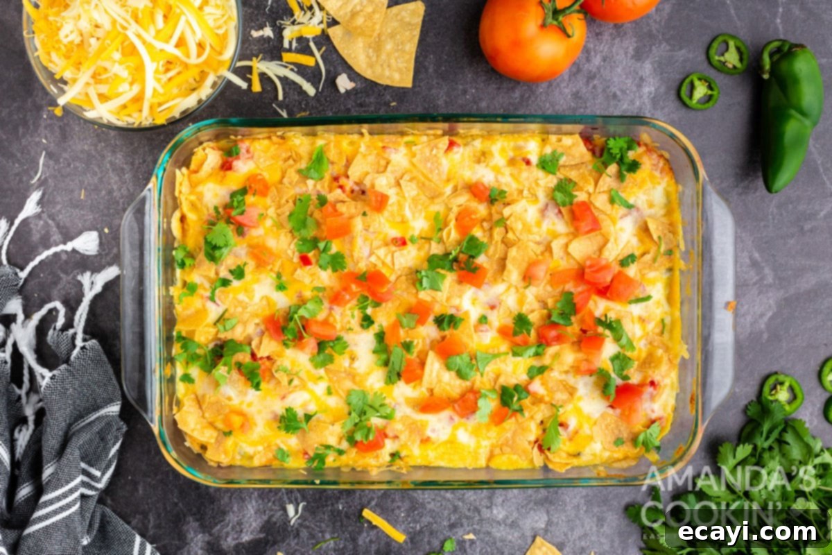 Fiesta Chicken Bake 7 Hot and bubbly Mexican Chicken Casserole fresh out of the oven