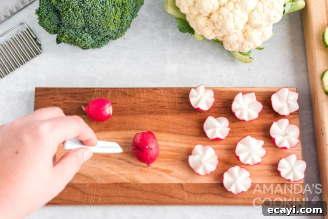 Transforming Vegetables into Edible Art 9 slicing a radish to make a radish flower