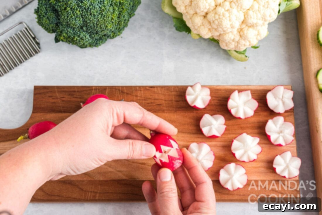 Transforming Vegetables into Edible Art 10 opening a radish flower after it was cut