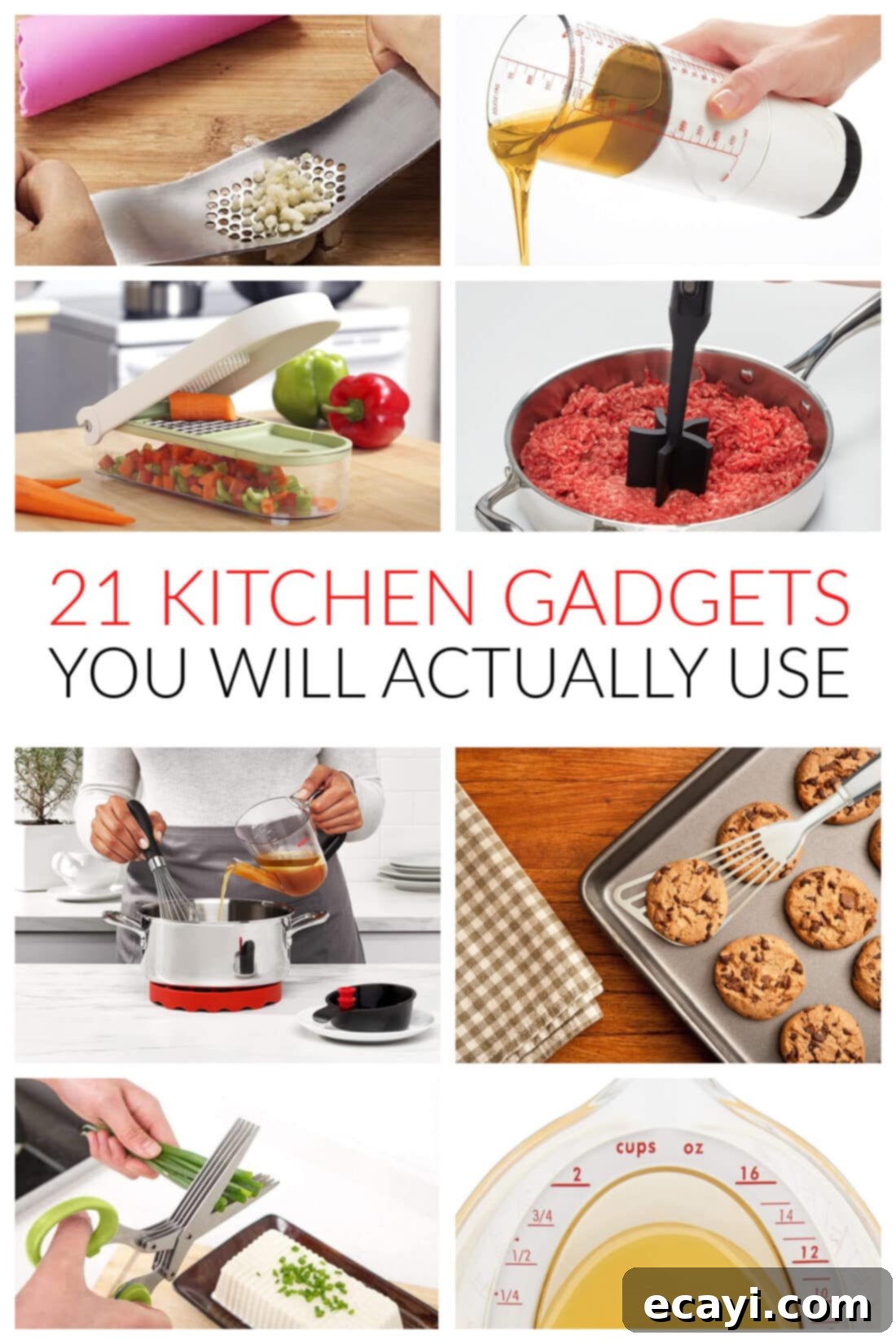 21 Kitchen Gadgets You'll Reach For Daily 2 A vibrant collage showcasing various kitchen gadgets in use, from an avocado slicer to a French press, emphasizing their practicality and modern design.