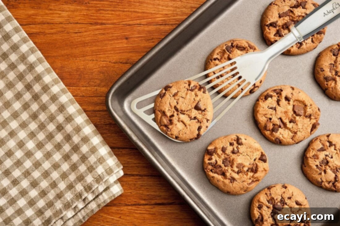 21 Kitchen Gadgets You'll Reach For Daily 17 Delicate cookies being carefully lifted from a baking sheet with a fish spatula, showcasing its thin and flexible design.