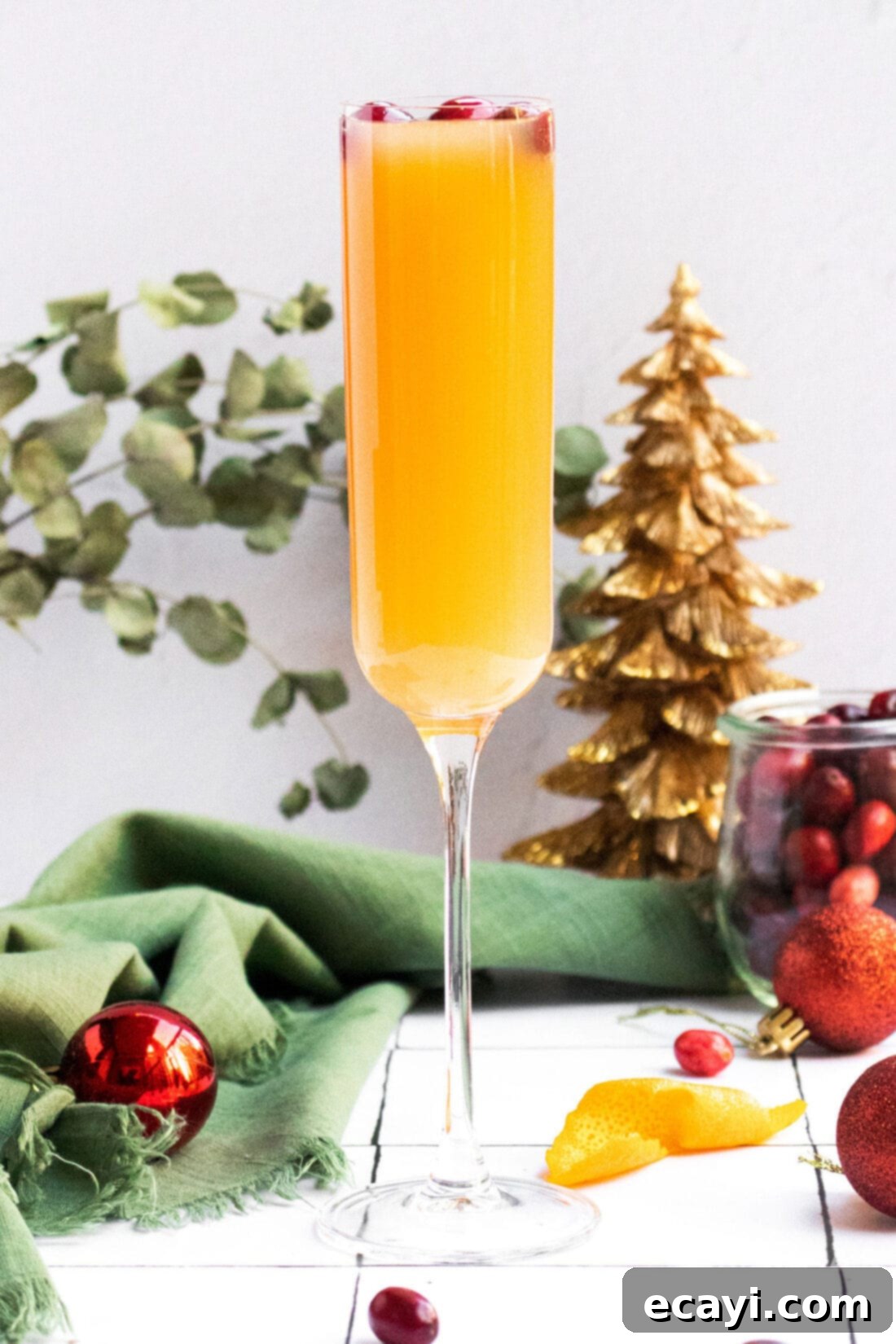 Sparkling Cranberry Mimosa 6 Close-up of a festive cranberry mimosa in a champagne flute with cranberry garnish