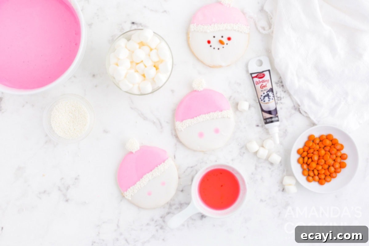 Sweet & Simple Decorated Cookies 17 A hand dabbing pink liquid onto the white face of a snowman cookie with a Q-tip, creating rosy cheeks.