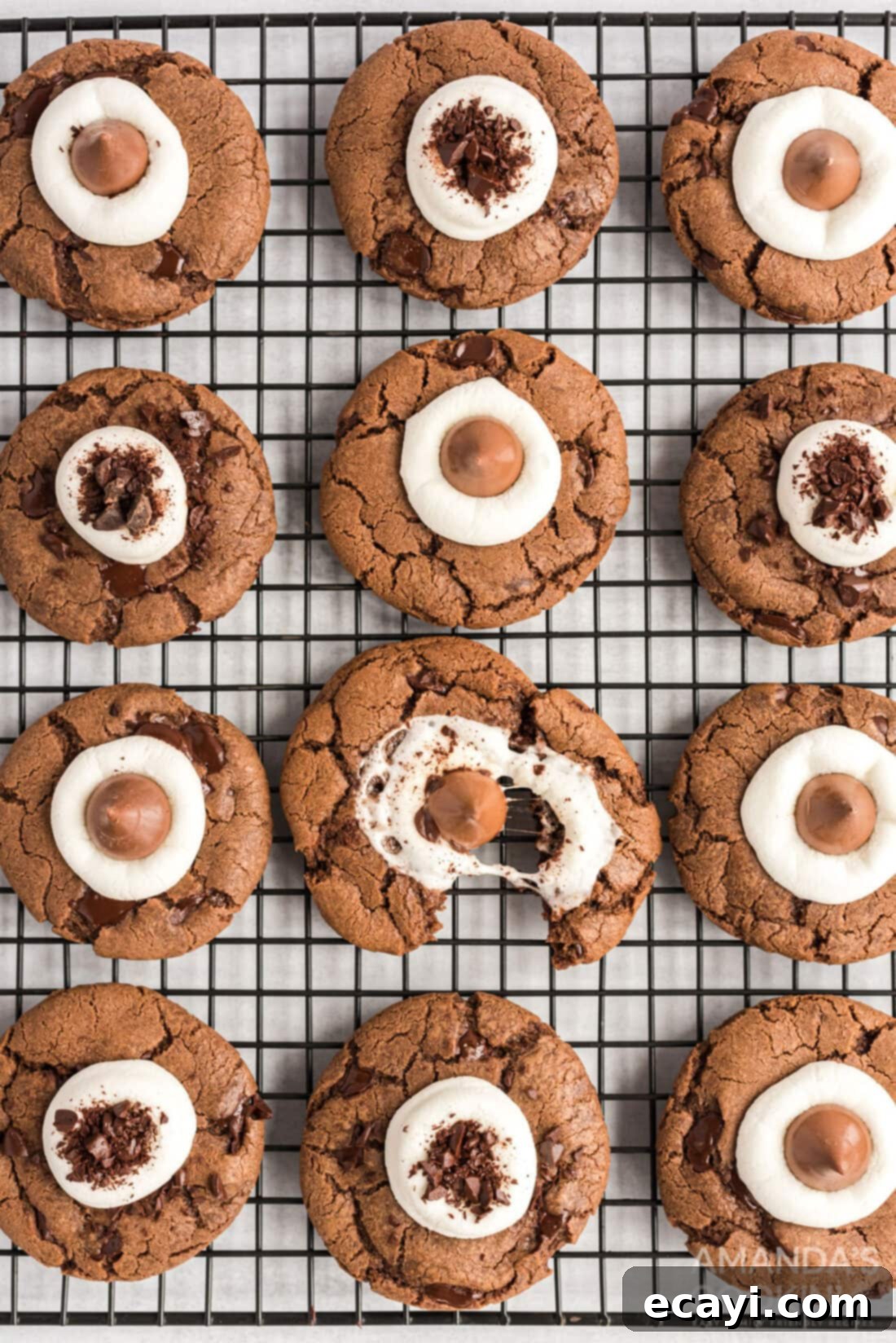 Cozy Cocoa Cookies 2 Delicious hot cocoa cookies topped with melted marshmallows cooling on a wire rack, adorned with chocolate shavings, ready to be enjoyed.