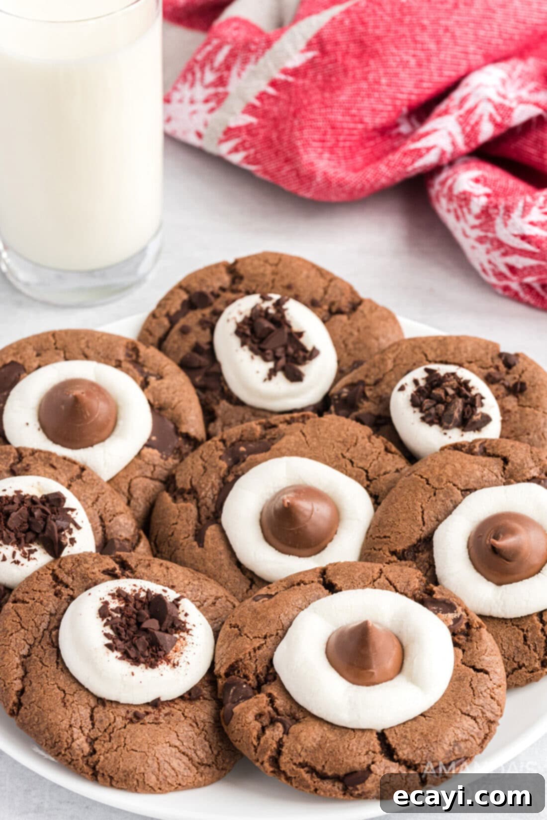 Cozy Cocoa Cookies 3 A plate of hot cocoa cookies with melted marshmallow and chocolate shavings, accompanied by a refreshing glass of milk.