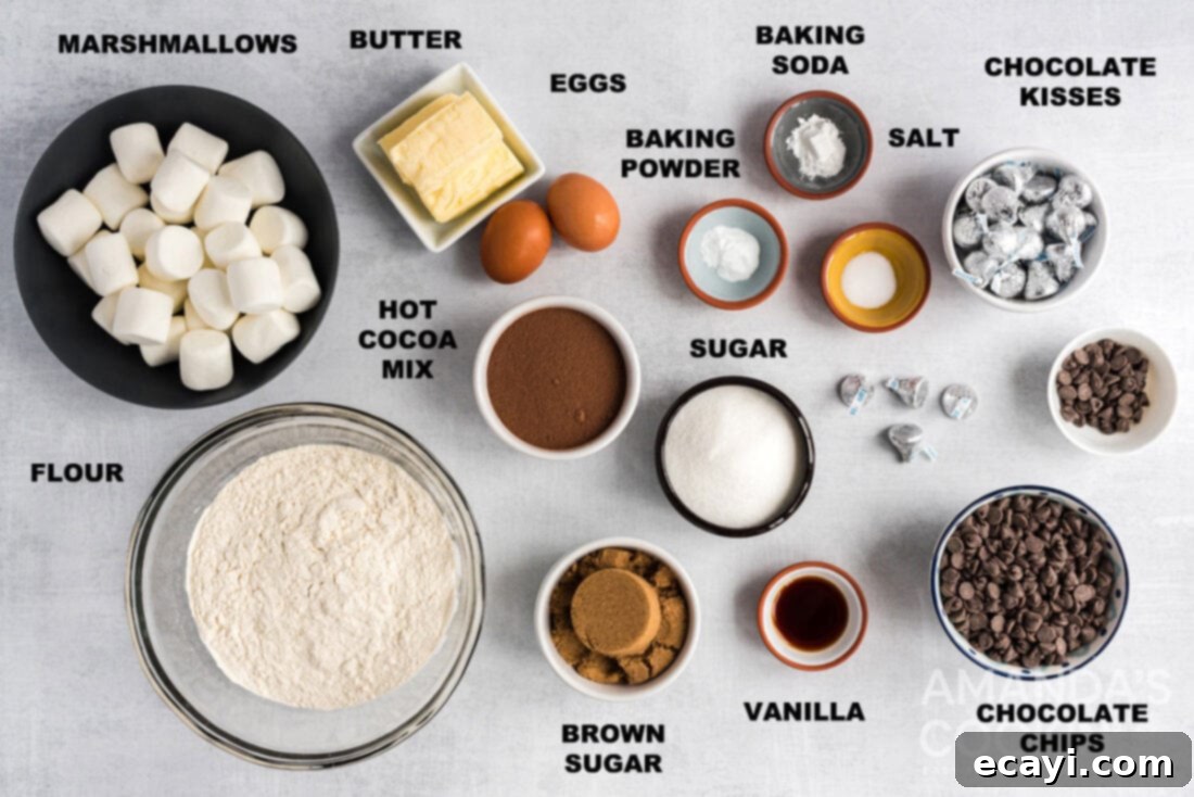 Cozy Cocoa Cookies 4 All measured and labeled ingredients for hot cocoa cookies laid out neatly on a wooden surface.