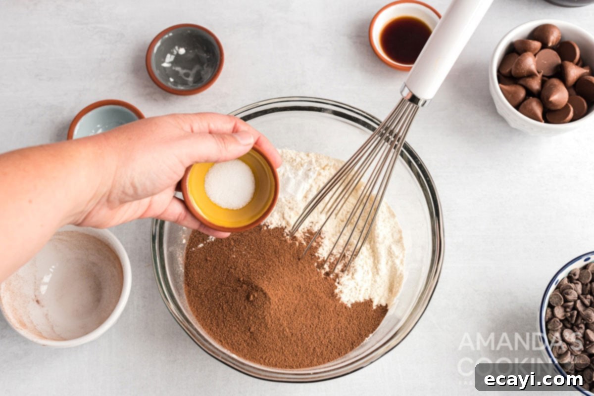 Cozy Cocoa Cookies 6 Adding and whisking together dry ingredients like flour and hot cocoa mix in a bowl.