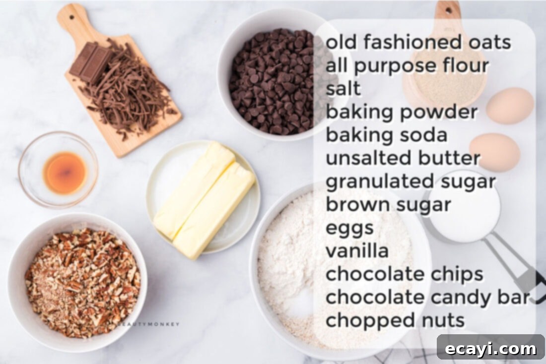 Legendary Neiman Marcus Cookies 4 A flat lay photo of all the ingredients for Neiman Marcus cookies, neatly labeled and prepared for baking.