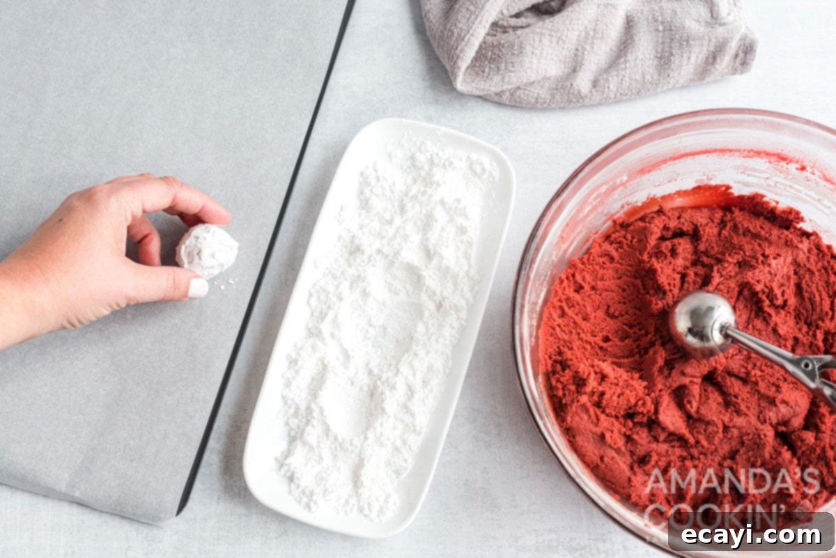 Velvet Crimson Crinkles 11 putting dough ball on cookie sheet