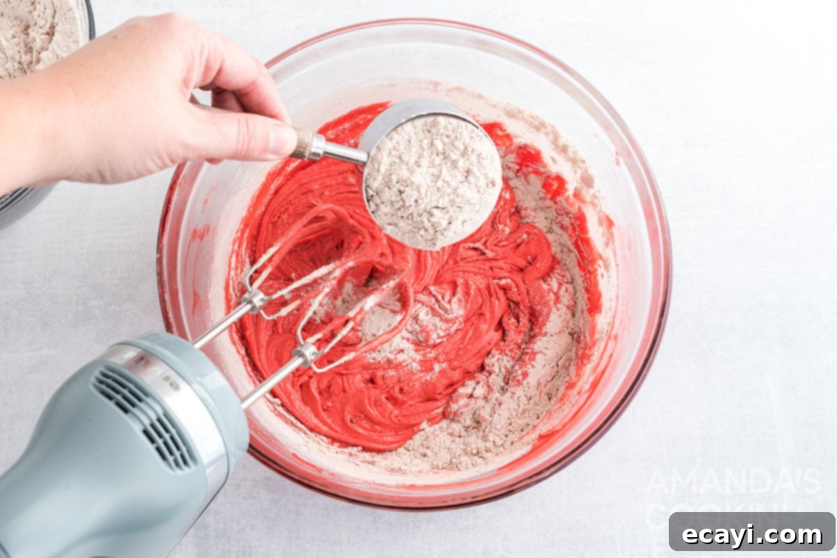 Velvet Crimson Crinkles 9 adding flour to bowl