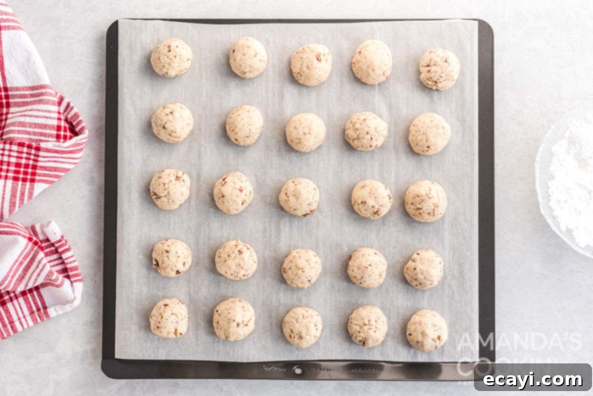 Snowball Cookies 11 Freshly baked snowball cookies, delicately golden at the edges, cooling on a baking sheet after being removed from the oven