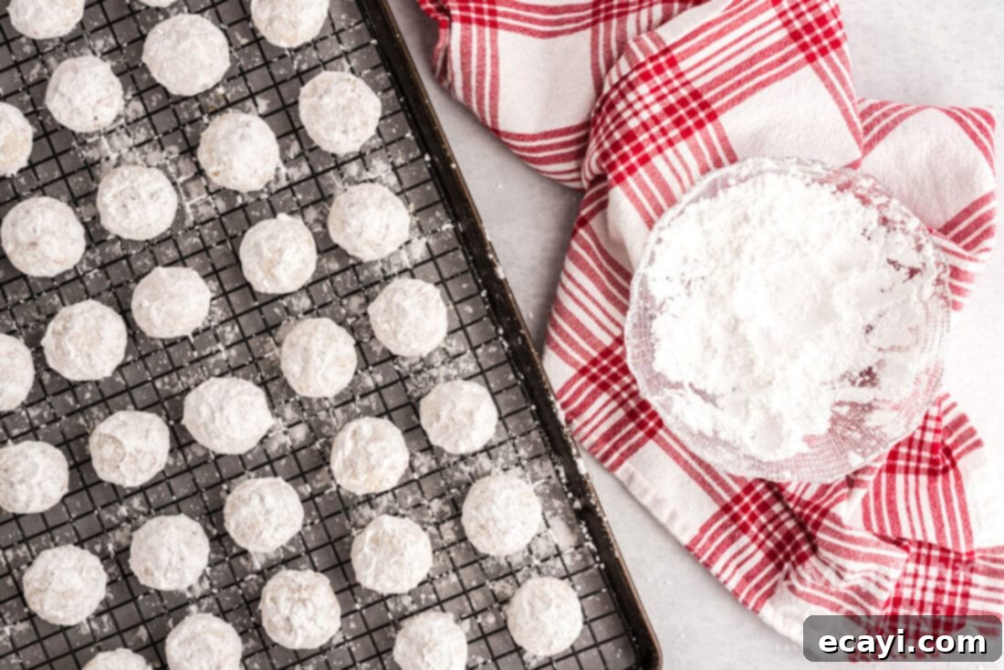Snowball Cookies 13 Delicate snowball cookies cooling on a wire rack after receiving their second and final dusting of powdered sugar