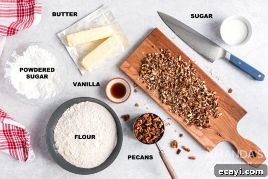 Snowball Cookies 4 An organized display of key ingredients for making snowball cookies, including softened butter, granulated sugar, vanilla extract, all-purpose flour, and finely chopped pecans