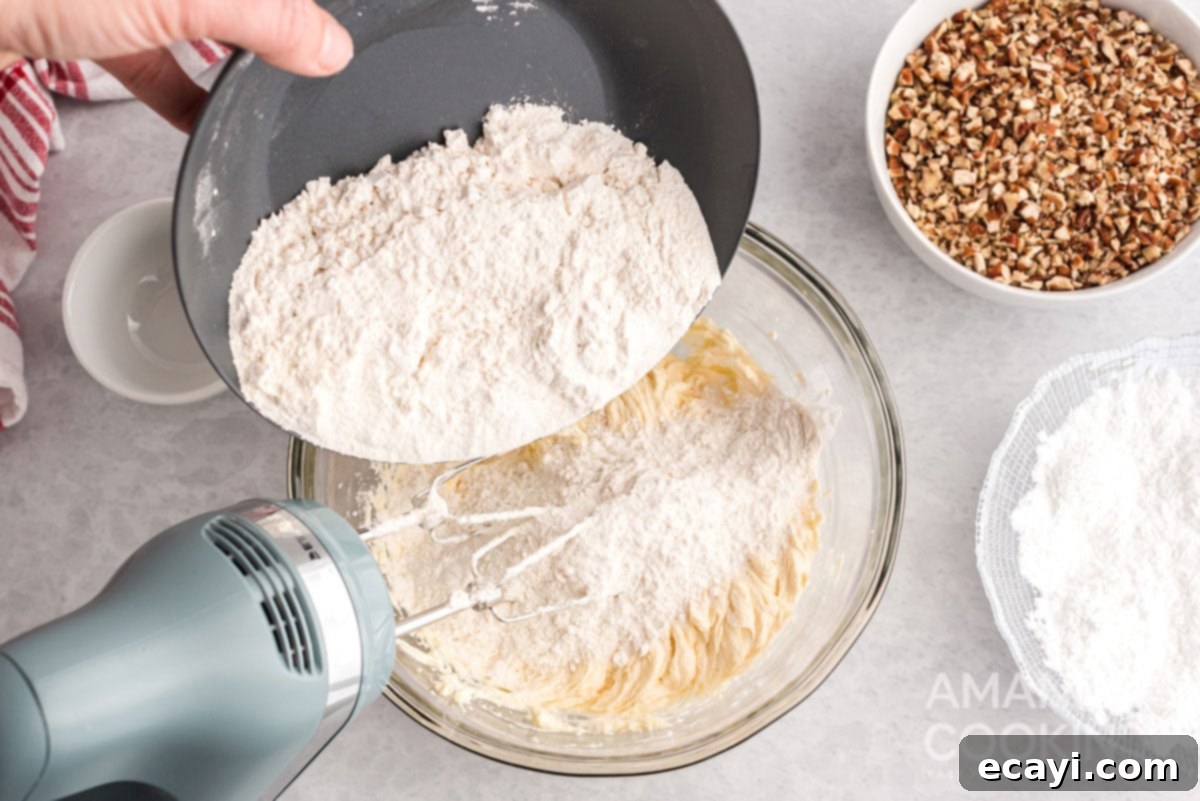 Snowball Cookies 7 Gradually adding all-purpose flour to the wet ingredients in a mixing bowl, ensuring careful incorporation