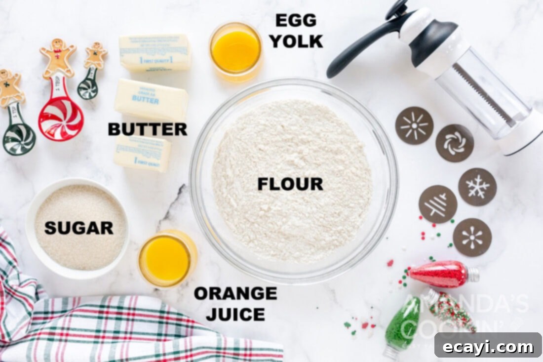Spritz Cookies 4 A clear shot of all five essential ingredients laid out and labeled for making delicious Spritz cookies.