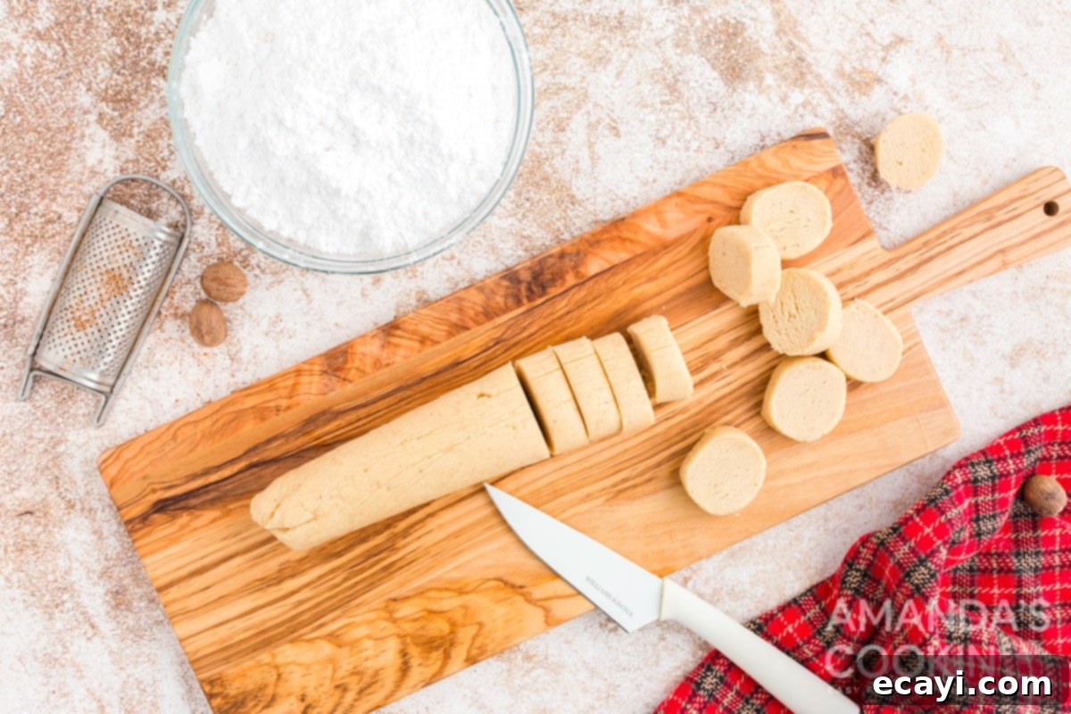 Velvet Eggnog Cookies 8 Slicing chilled eggnog cookie dough into uniform rounds