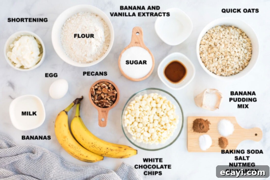 Soft-Baked Banana Cookies 5 Clearly labeled ingredients laid out for making banana cookies, including flour, sugar, and bananas