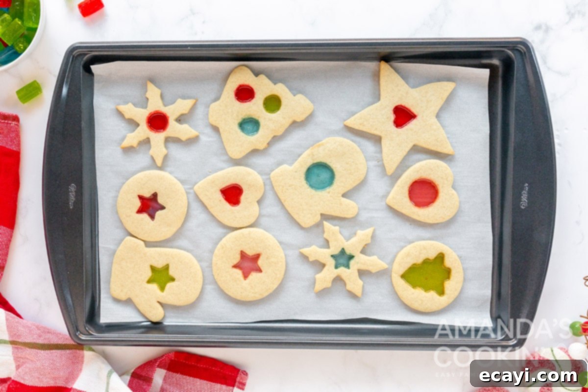 Art Glass Cookies 11 stained glass cookies on a baking sheet