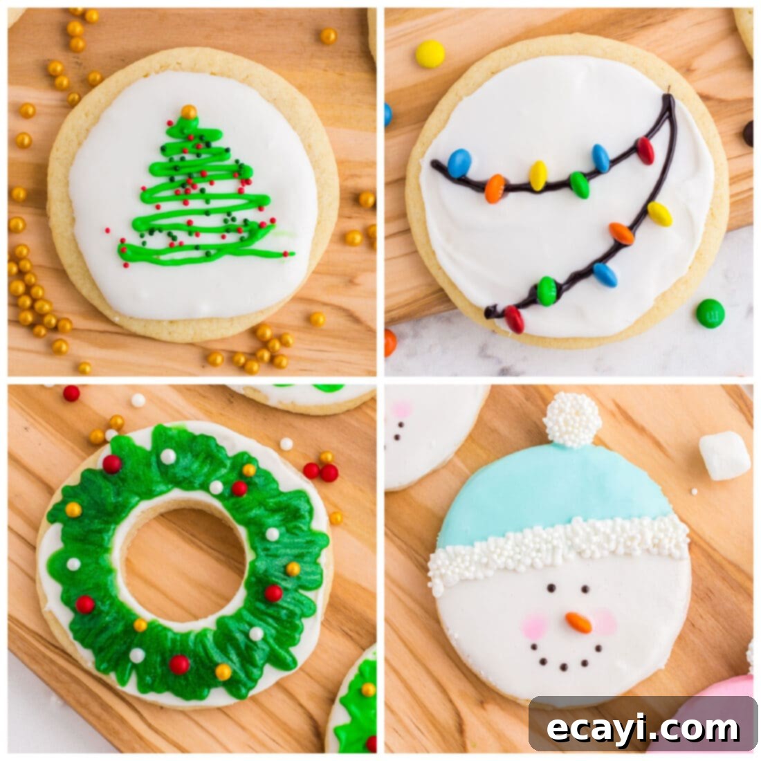 The 2020 Christmas Cookie Countdown: Twelve Days of Sweet Delights 14 Four beautifully decorated sugar cookies with simple yet elegant designs.