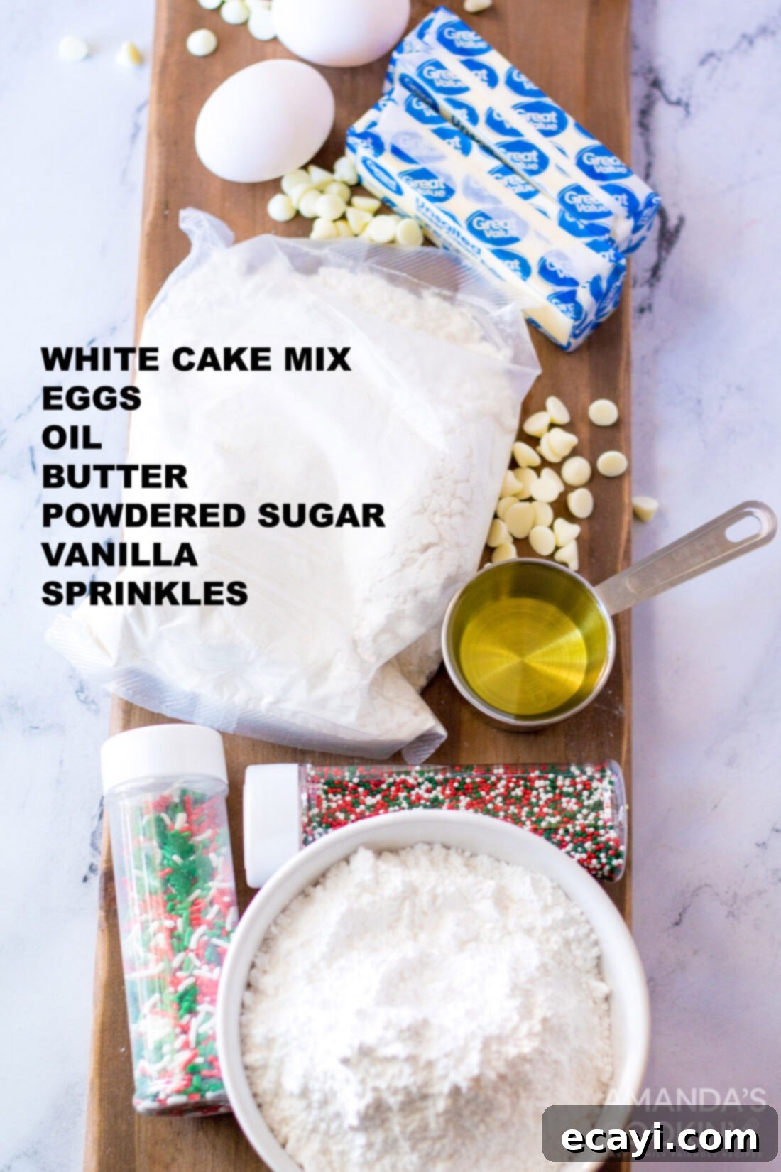 Festive Cake Batter Bites 4 Labeled ingredients for cake mix cookies including cake mix, oil, eggs, and sprinkles