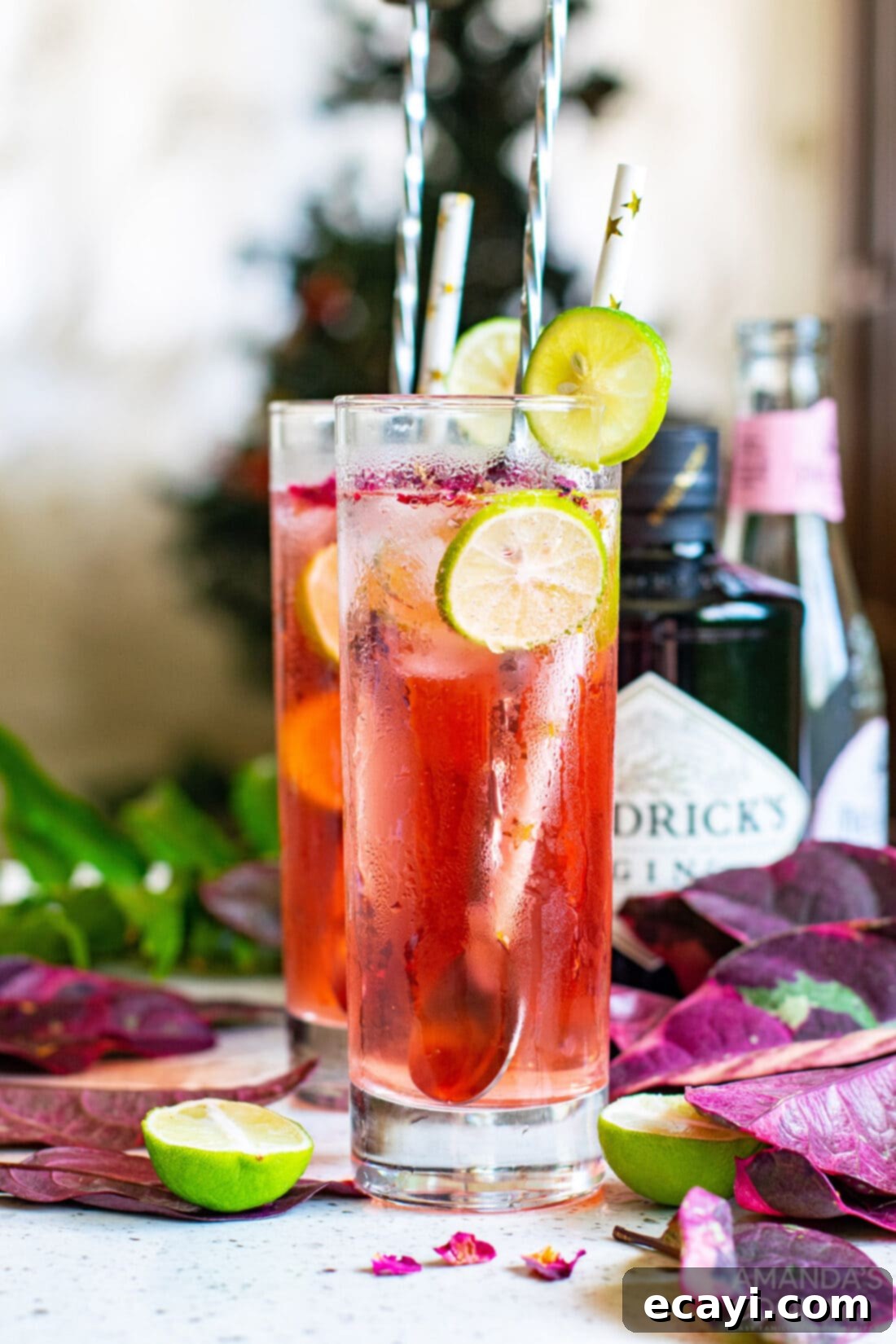 Blush Gin & Tonic 3 Pink Gin & Tonic in glasses with lime wedges