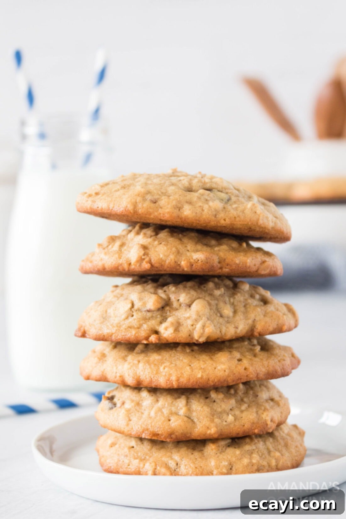 Chewy Oat Delights 2 Stack of freshly baked chewy oatmeal cookies with chocolate chips and pecans, ready to be enjoyed