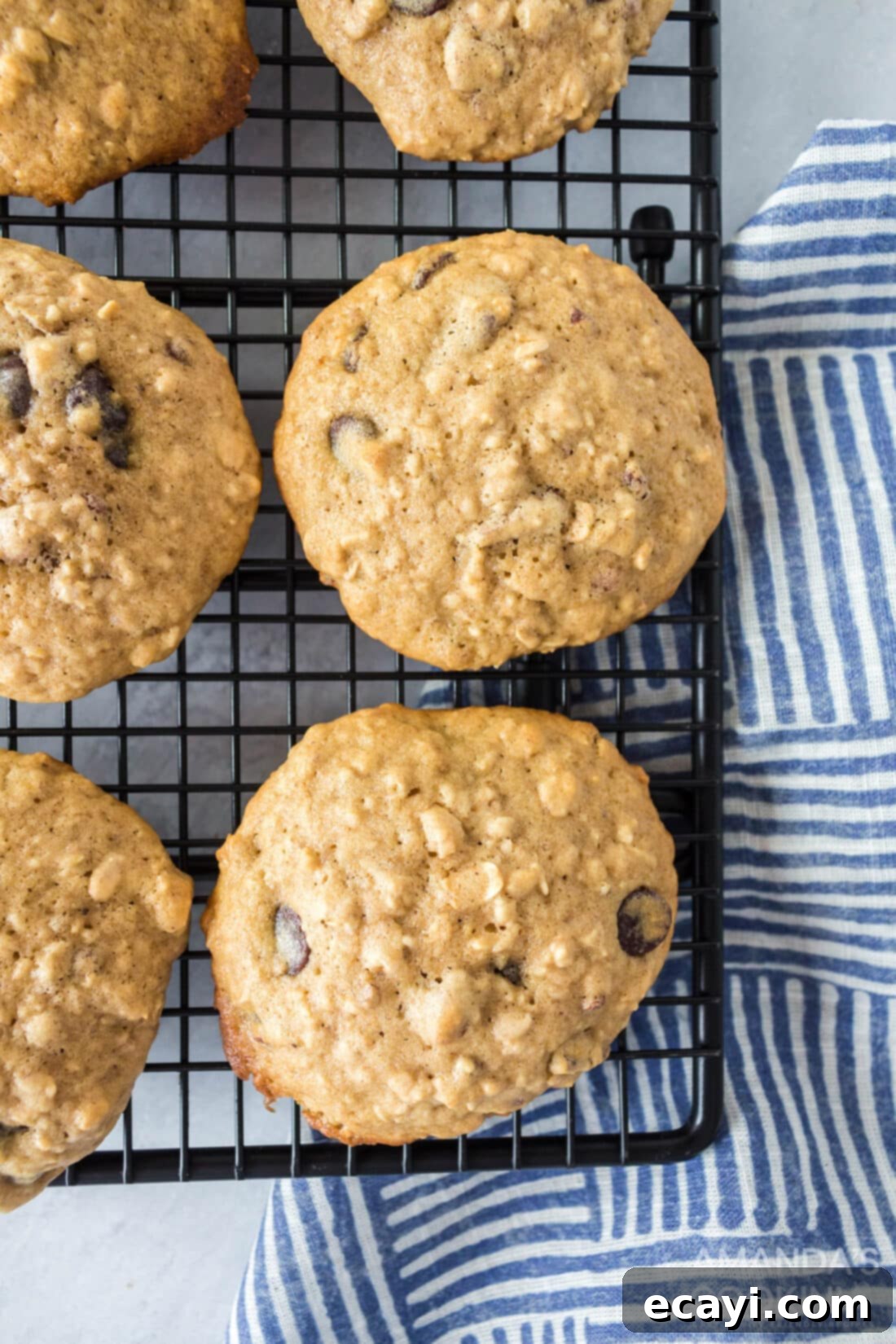 Chewy Oat Delights 3 Freshly baked oatmeal cookies cooling on a wire rack with parchment paper
