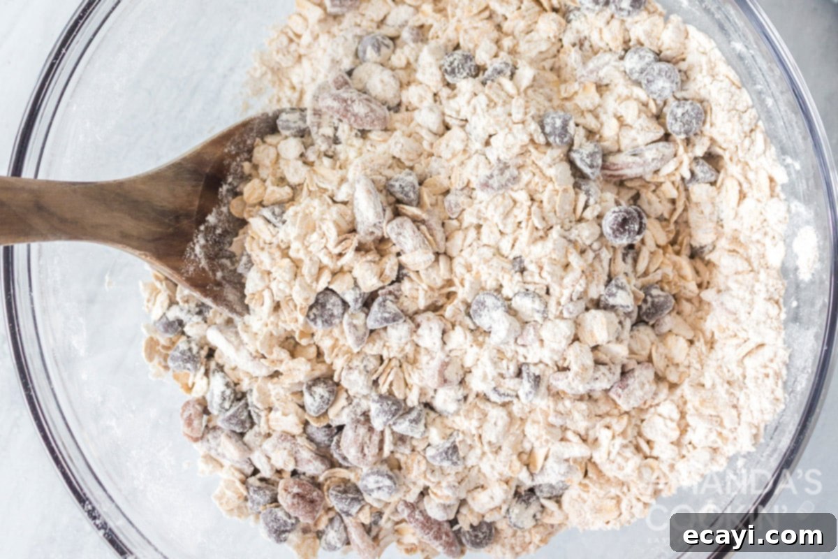 Chewy Oat Delights 6 Mixing dry ingredients: flour, oats, baking powder, baking soda, salt, and cinnamon being combined in a bowl, then chocolate chips and pecans are added and coated