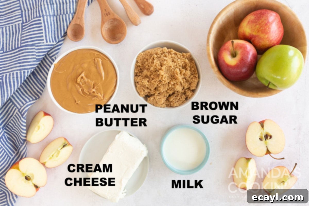 Creamy Peanut Butter Apple Delight 4 labeled ingredients for peanut butter apple dip