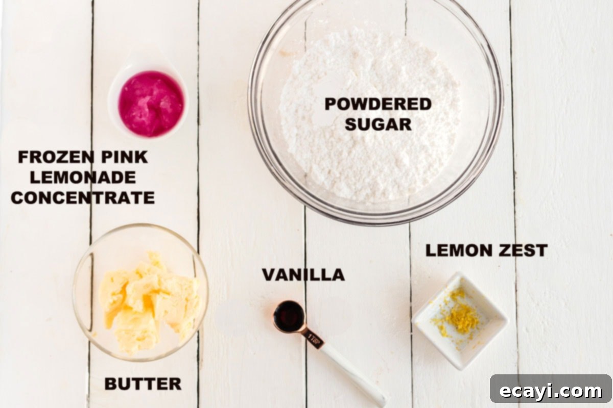 Sparkling Pink Lemonade Cake 3 Labeled ingredients for the pink lemonade cake frosting, featuring powdered sugar, butter, pink lemonade concentrate, vanilla, and lemon zest.