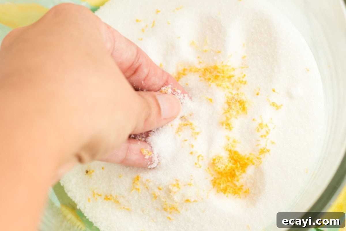 Sparkling Pink Lemonade Cake 6 Hands rubbing vibrant yellow lemon zest into a bowl of granulated sugar, infusing it with citrus aroma before baking.