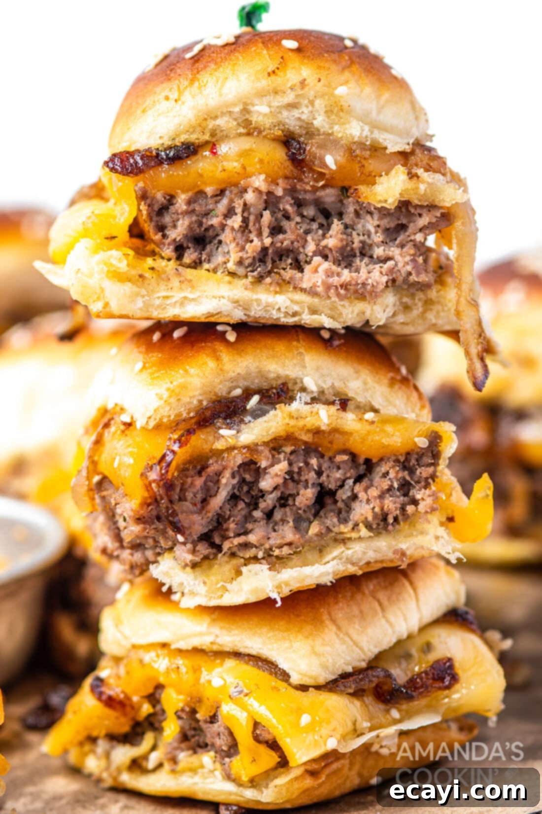 Bite-Sized Cheeseburger Bliss 2 cheeseburger sliders stacked up