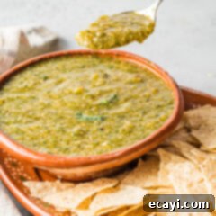 Green Salsa 9 A spoon lifting some salsa verde from bowl, showing its texture and fresh ingredients.
