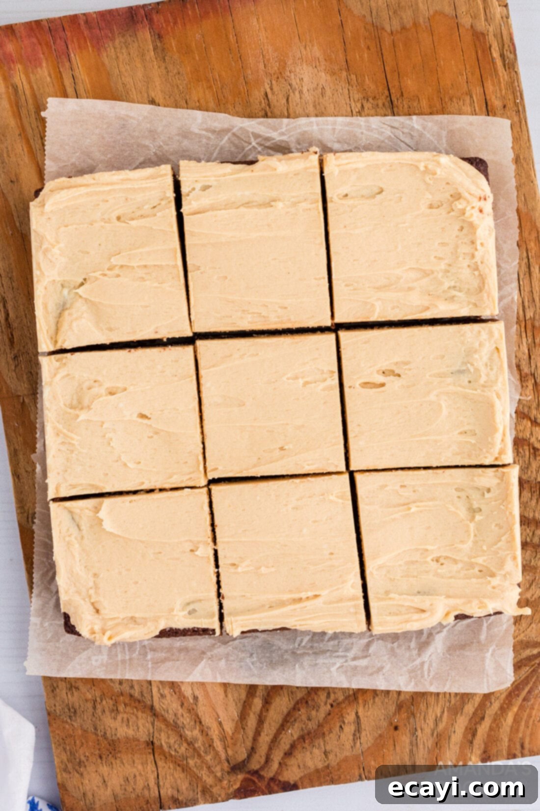 Irresistible Peanut Butter Fudge Brownies 11 Close-up of freshly cut fudge brownies with creamy peanut butter frosting arranged on a white serving plate