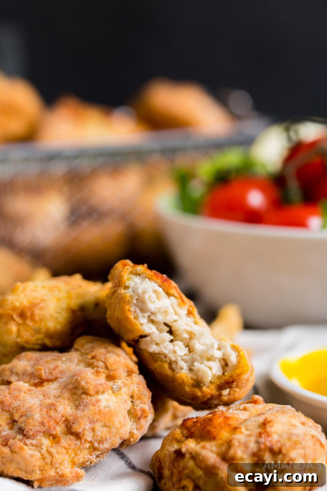 Golden Crunch Air Fryer Nuggets 9 chicken nugget with a bite out of it