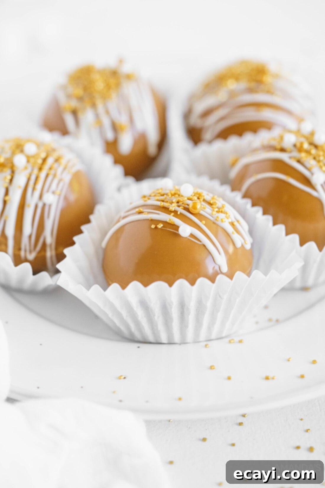 Melting Caramel Cocoa Delights 3 caramel hot cocoa bombs in paper liners