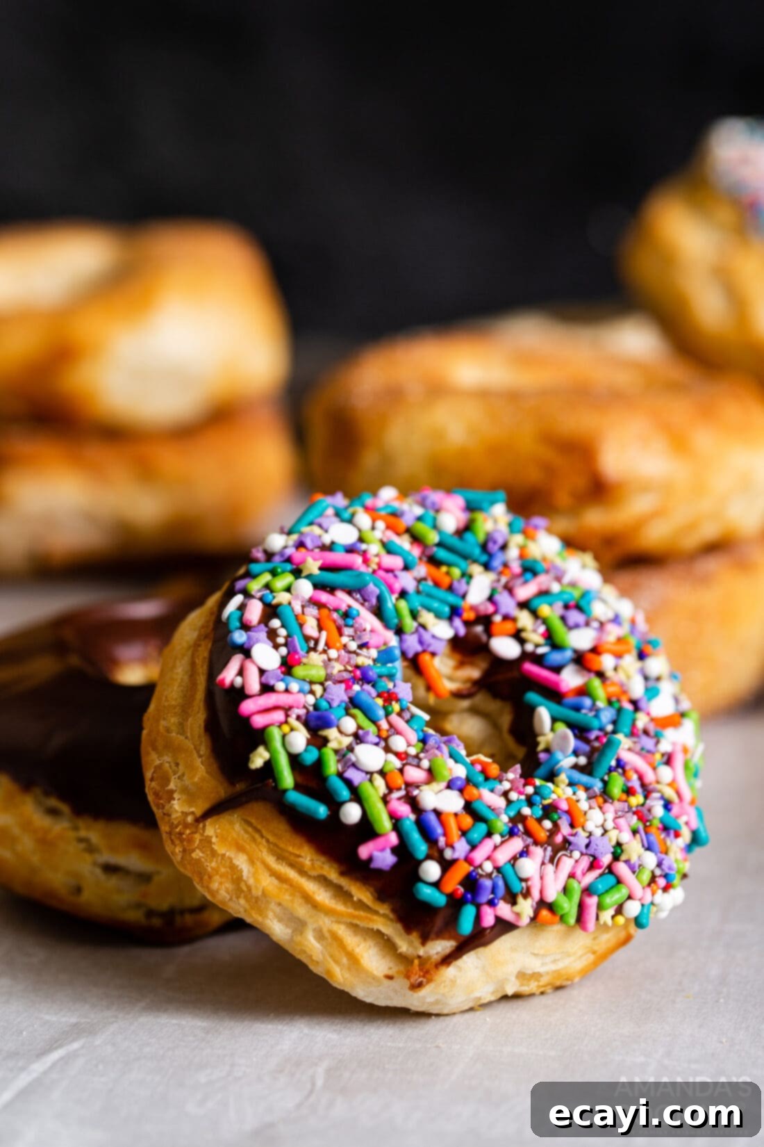 Air Fryer Donut Delights 11 A single air fryer donut, perfectly glazed with chocolate and adorned with colorful sprinkles, sitting on a plate.