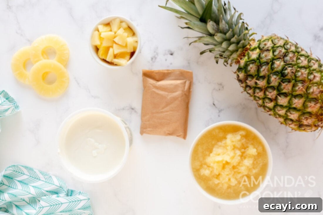 Golden Pineapple Yogurt Cloud 4 ingredients for pineapple yogurt dessert laid out on a table