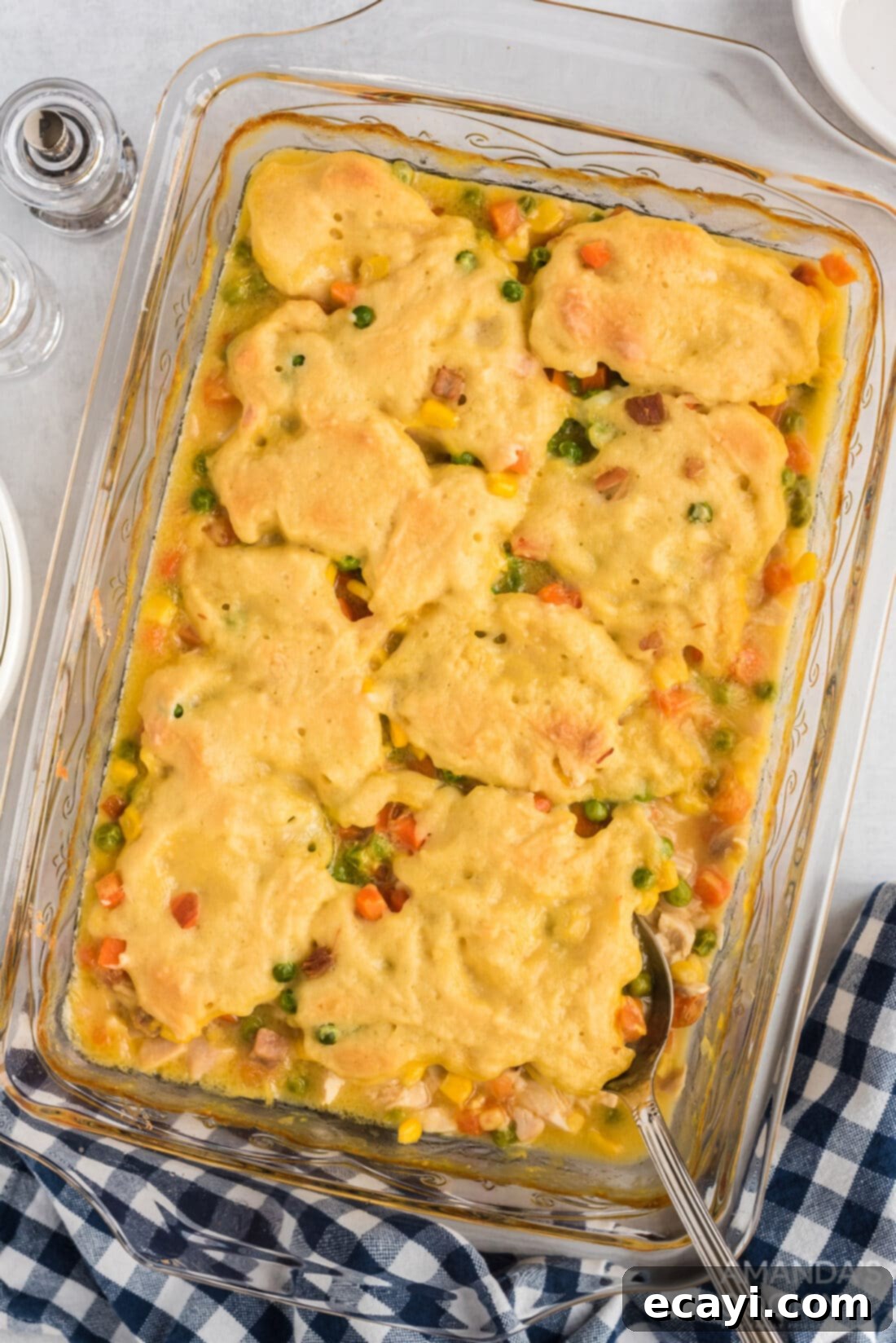 Comforting Chicken Dumpling Bake 2 overhead photo of chicken and dumpling casserole