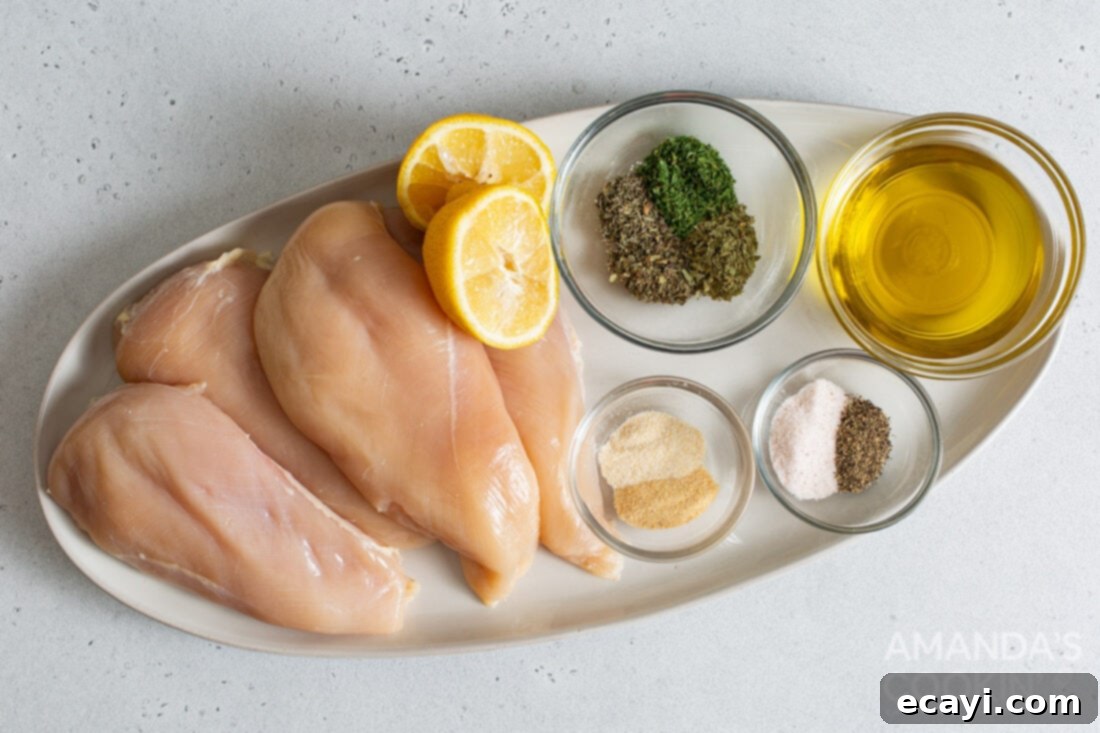 Perfect Air Fryer Chicken Breasts 4 A collection of fresh ingredients laid out, including boneless skinless chicken breasts, olive oil, and various dried herbs and spices for seasoning.
