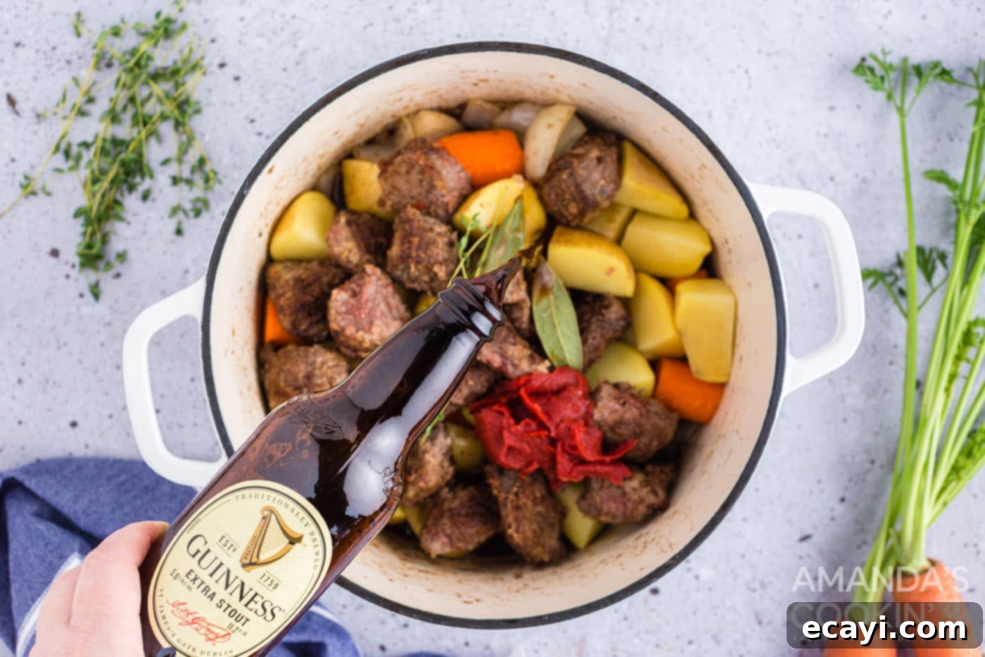 Hearty Irish Stew 10 add beer and beef broth to pot with meat and veggies