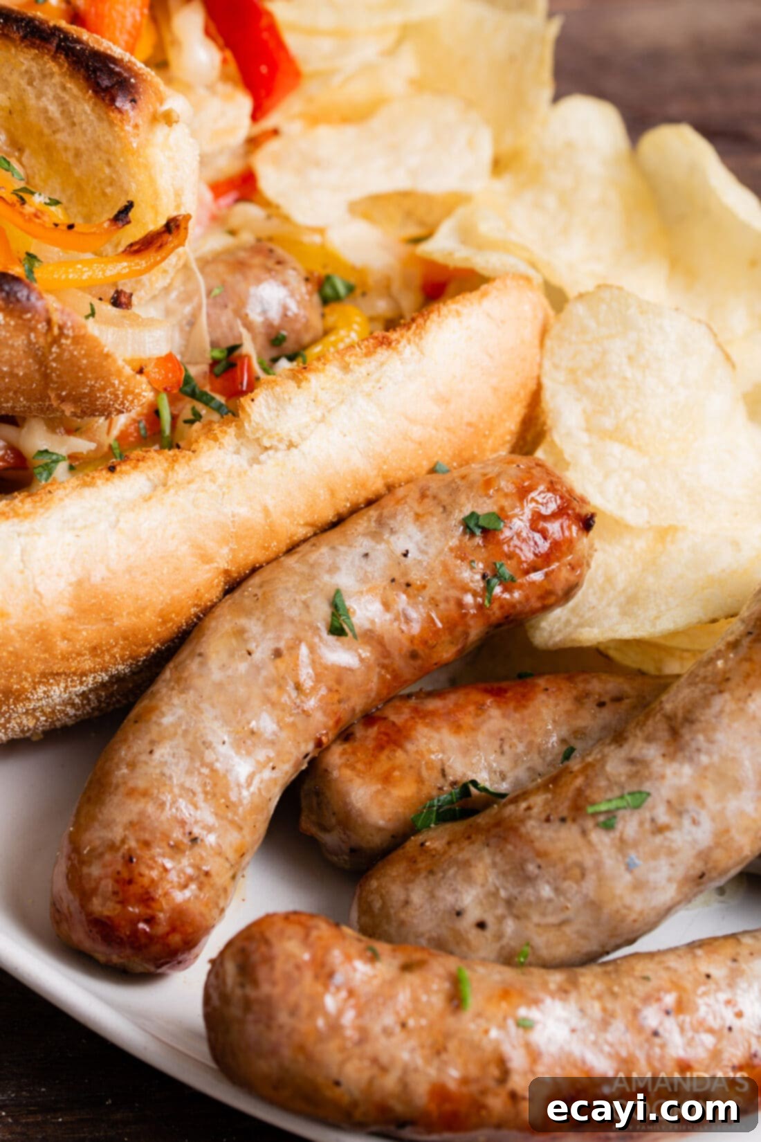 Crispy Air Fryer Italian Sausage and Peppers 2 italian sausage and peppers on a plate