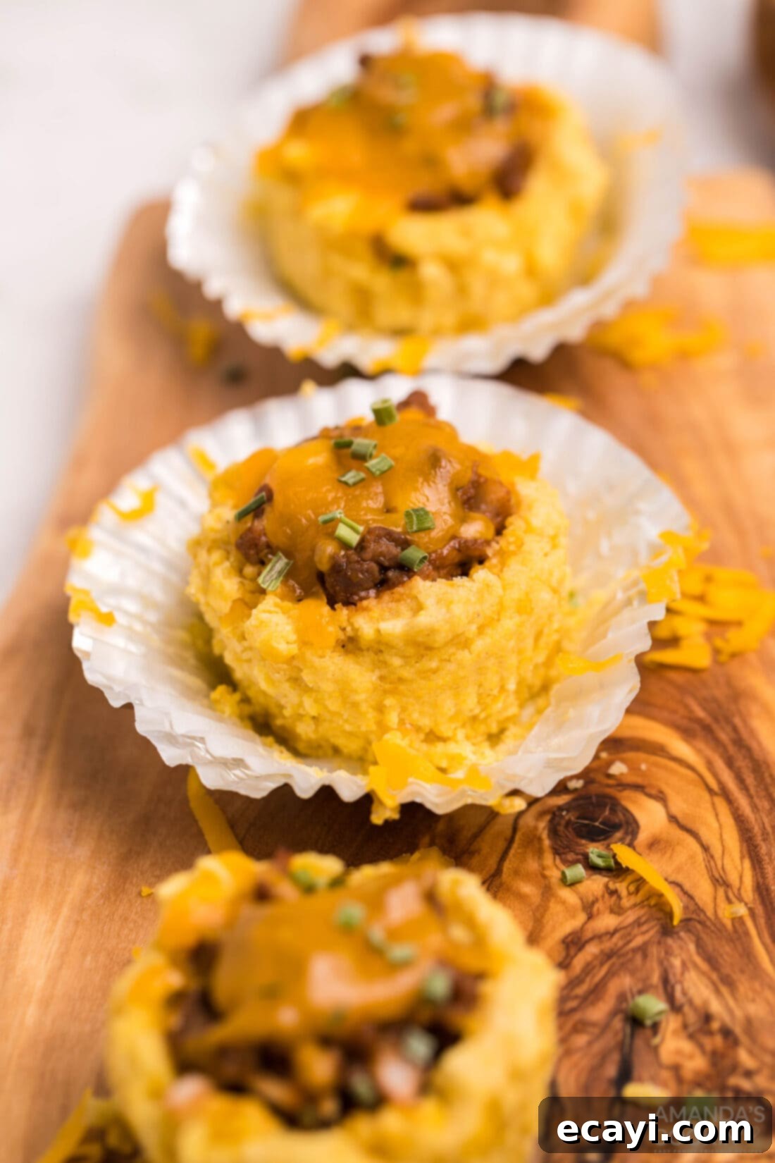 Savory Cornbread Sloppy Joe Bites 2 Sloppy Joe Corn Muffins in paper liners, ready to be served