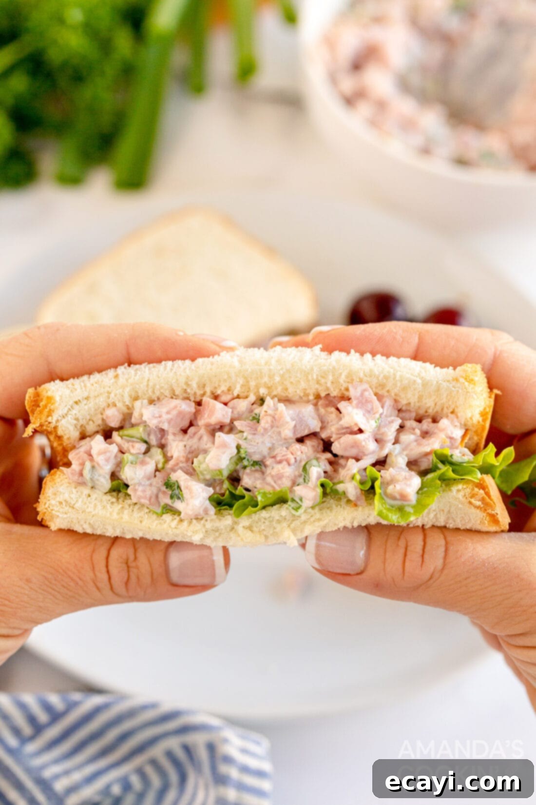 Classic Deli Ham Salad 2 woman holding ham salad sandwich