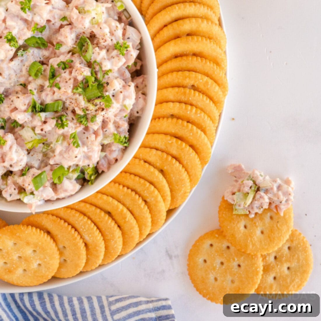 Classic Deli Ham Salad 12 ham salad in a bowl surrounded by crackers