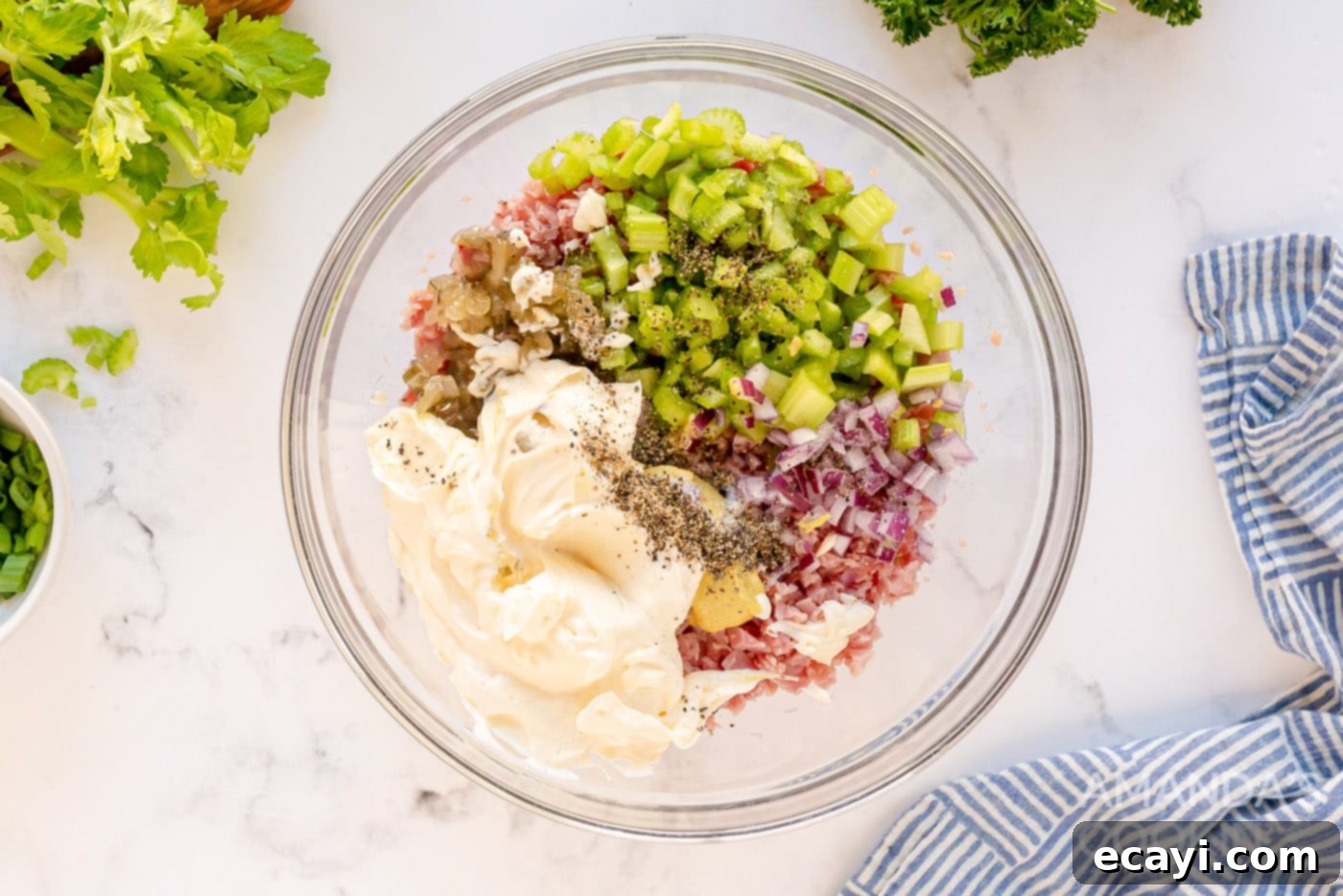 Classic Deli Ham Salad 6 Ham Salad ingredients in a bowl