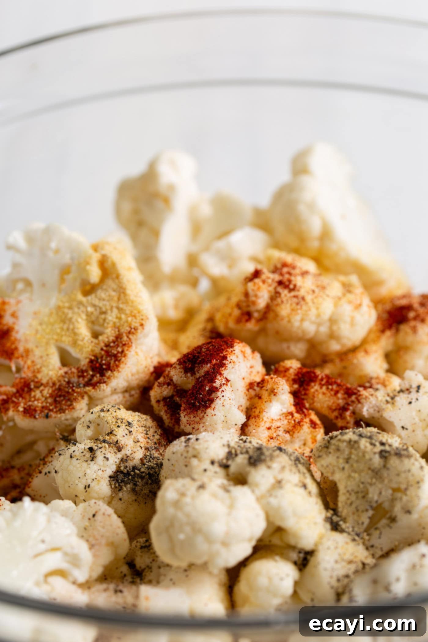 Crispy Air Fryer Cauliflower 6 Seasonings sprinkled over a bowl of cauliflower