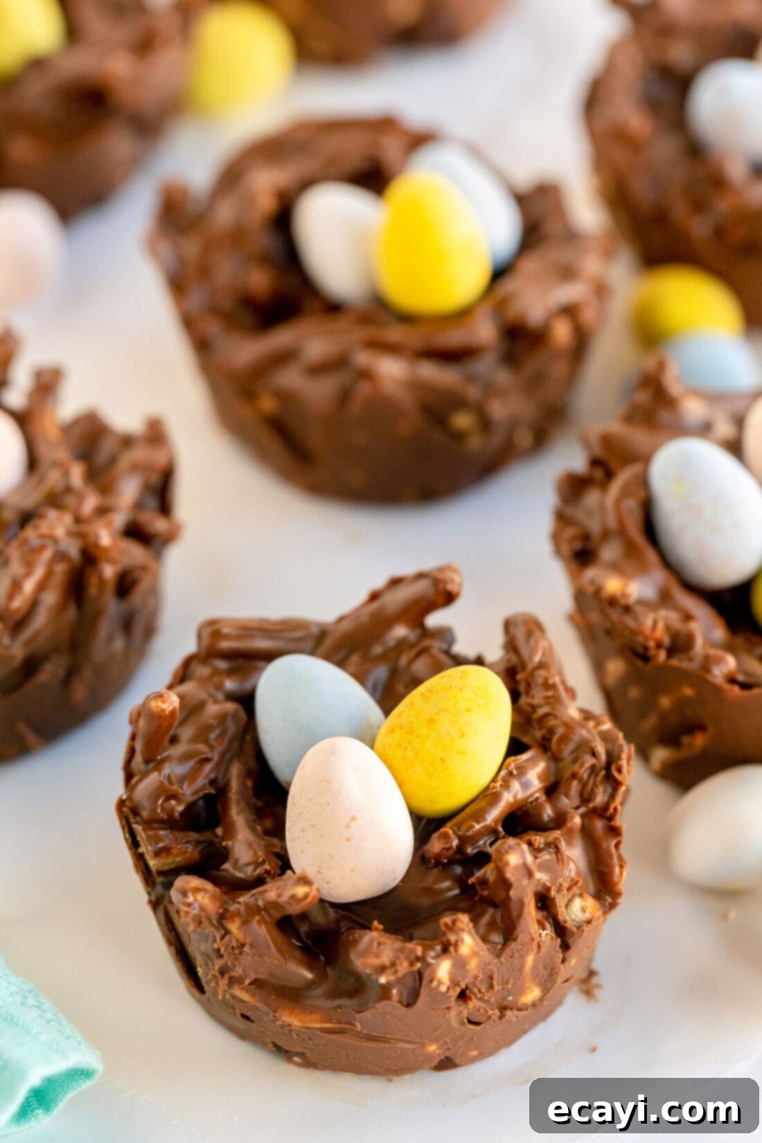 Nestled Treats 2 Adorable chocolate and peanut butter bird nest cookies with candy eggs, perfect for Easter.