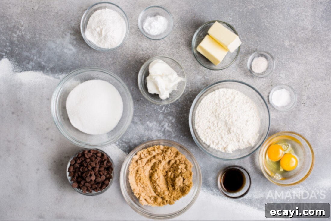 Your Air Fryer's Best Chocolate Chip Cookies 4 Ingredients for making air fryer chocolate chip cookies laid out on a counter
